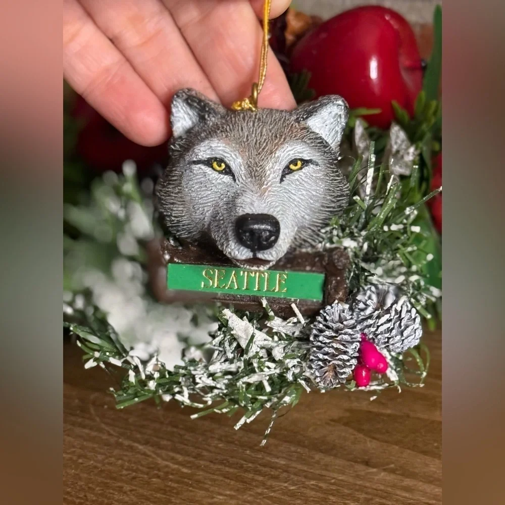 Wolf Christmas Ornament with Seattle Sign Made in USA Artisans
